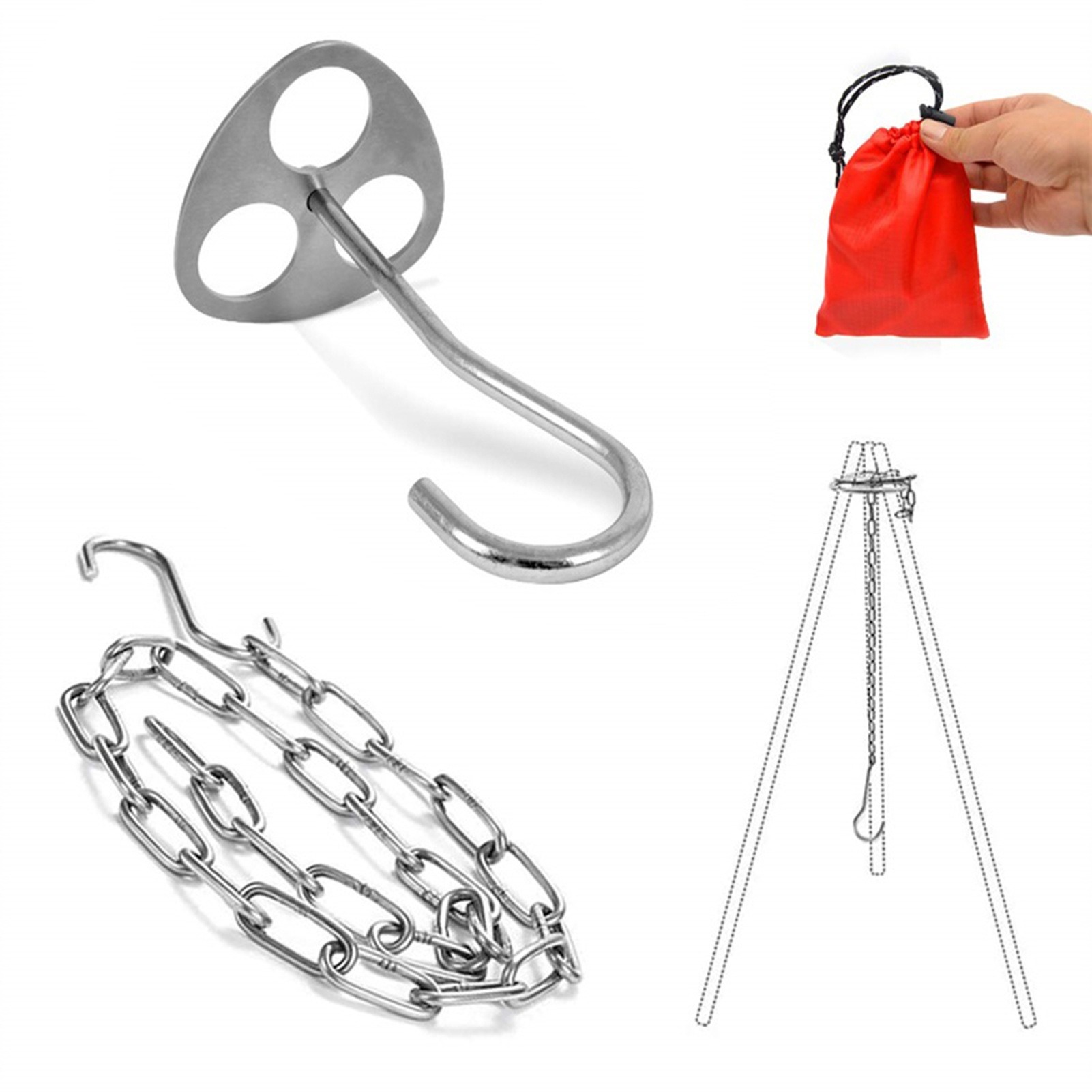 Camping Cooking Pot Tripod - Paslanmaz Çelik Kamp Tripod Sehpası, Askılı