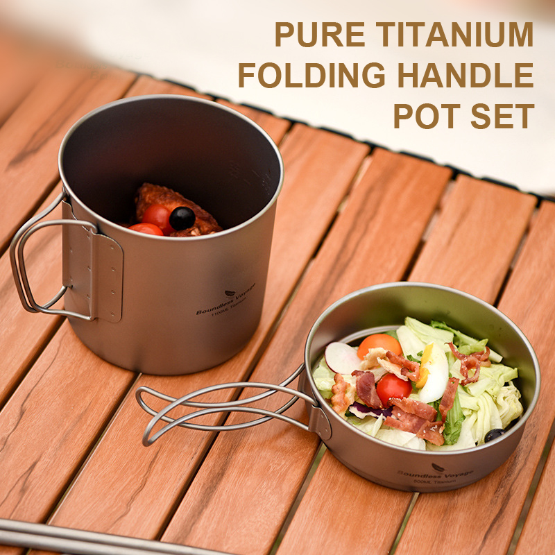 Camping Cooking Pots And Pans Set - Saf Titanyum Katlanır Saplı Tencere Seti,